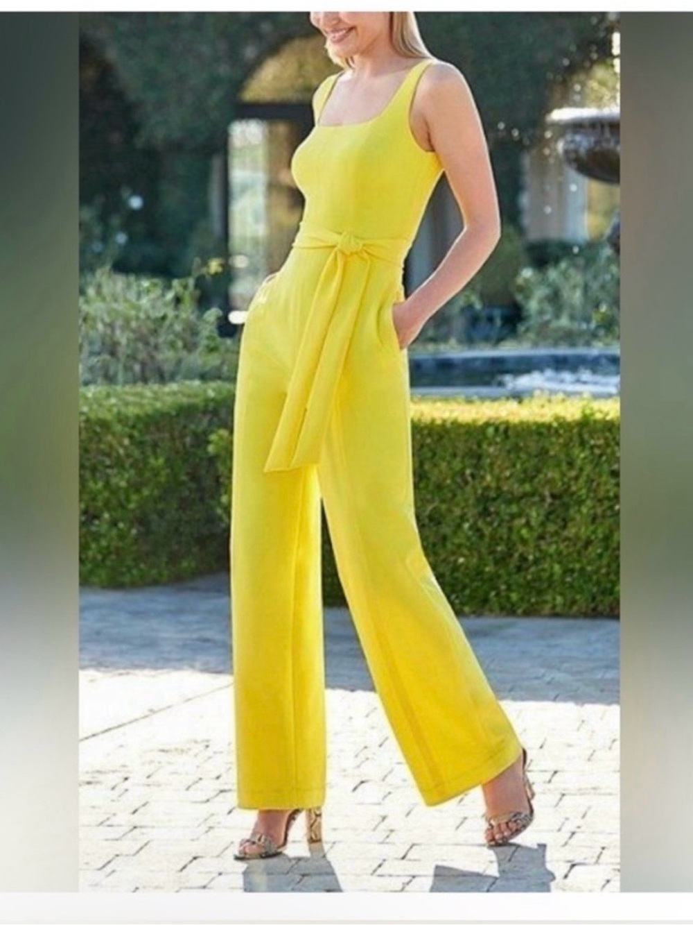 Antonio Melani Bright Yellow Square-Neck Wide-Leg Jumpsuit with Tie